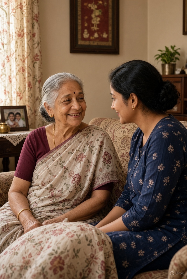 A scene illustrating companion care at home in India